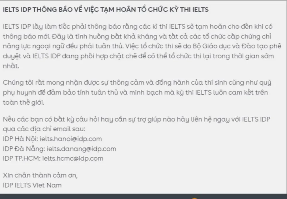 Thông báo tạm hoãn tổ chức thi IELTS của IDP. Ảnh: Chụp màn hình Thông báo tạm hoãn tổ chức thi IELTS của IDP. Ảnh: Chụp màn hình