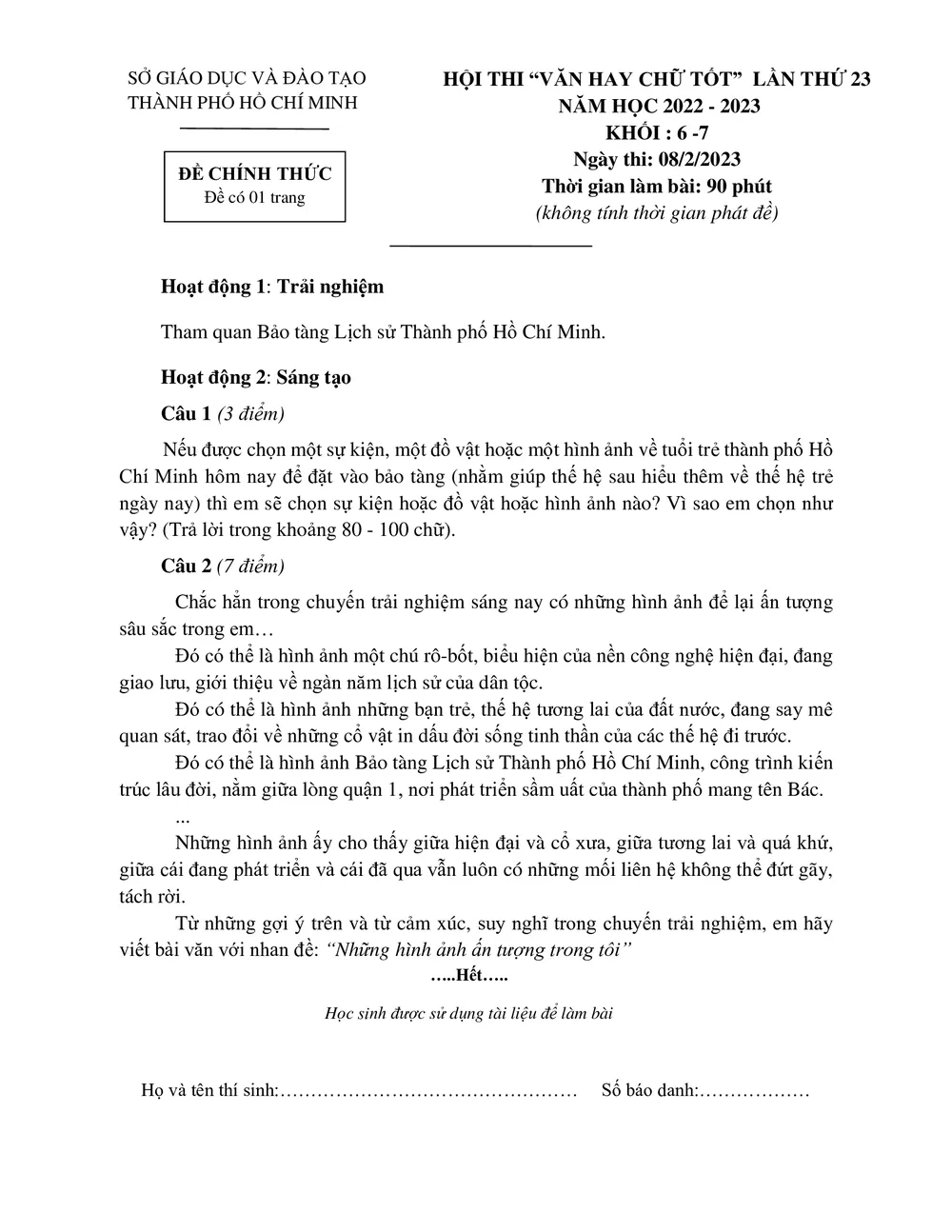 Đề thi dành cho học sinh khối 6,7. Ảnh: TT