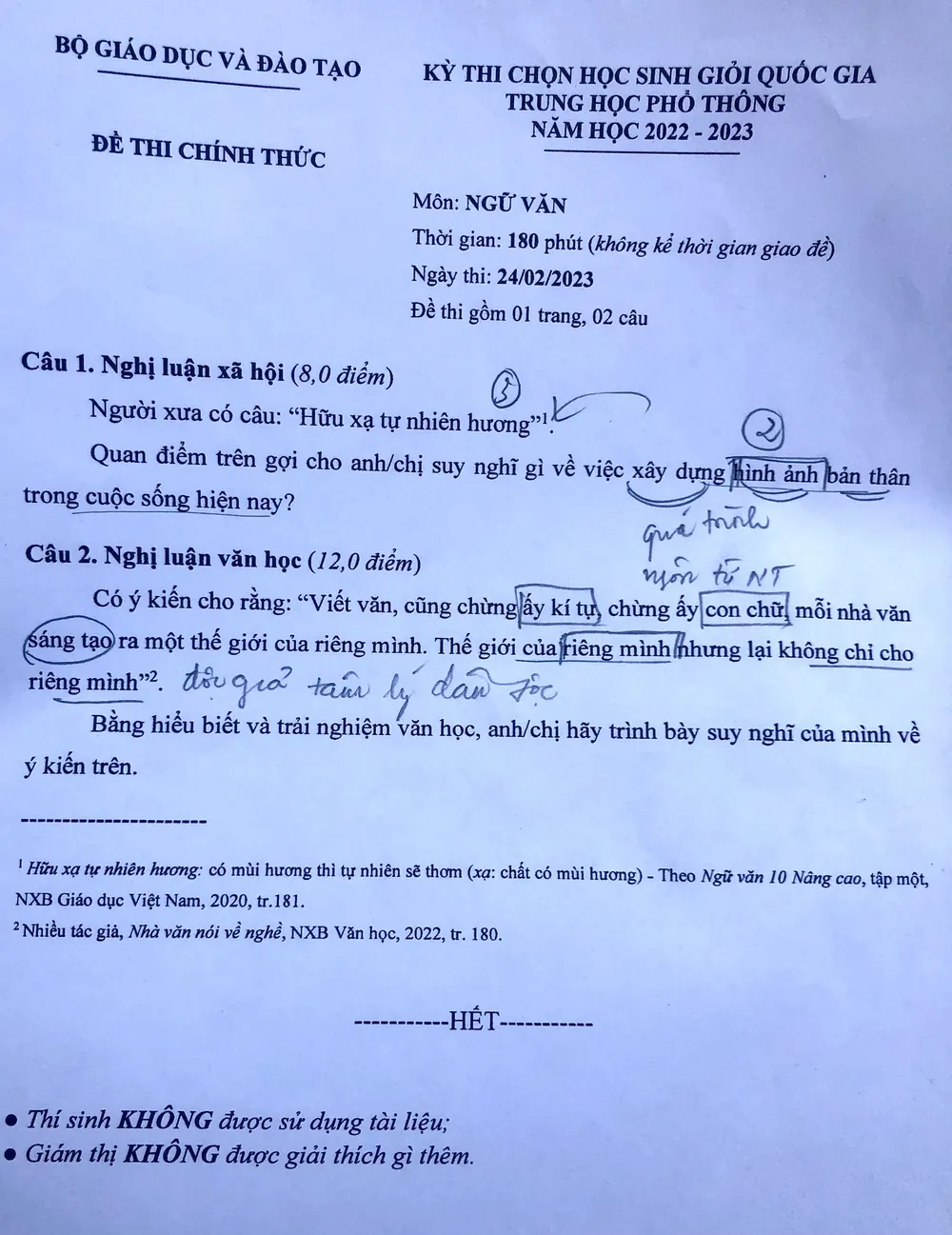 Đề thi học sinh giỏi quốc gia môn ngữ văn. Ảnh: KHÁNH TRÚC