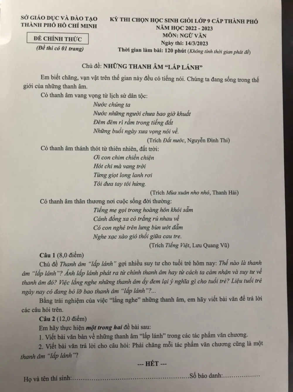 Đề thi học sinh giỏi môn ngữ văn. Ảnh: NQ
