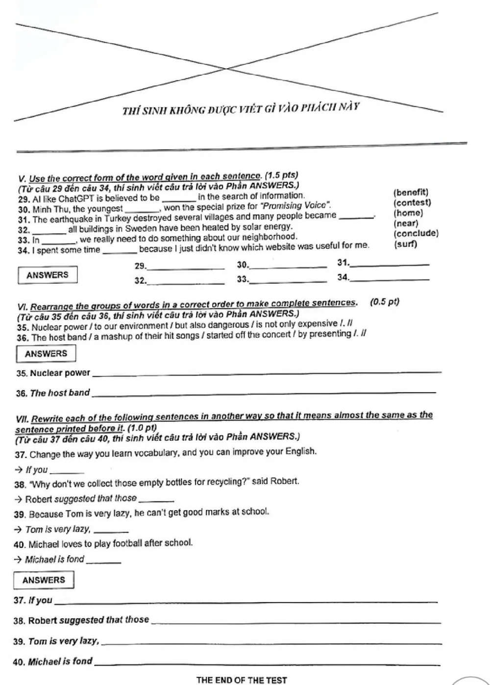 Đề thi tiếng Anh vào lớp 10 tại TP.HCM.