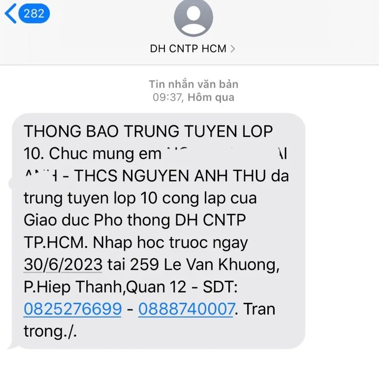 Tin nhắn được gửi cho học sinh từ Trung tâm Giáo dục phổ thông, Đại học Công nghiệp Thực phẩm TP.HCM. Ảnh: CHỤP MÀN HÌNH Tin nhắn được gửi cho học sinh từ Trung tâm Giáo dục phổ thông, Đại học Công nghiệp Thực phẩm TP.HCM. Ảnh: CHỤP MÀN HÌNH
