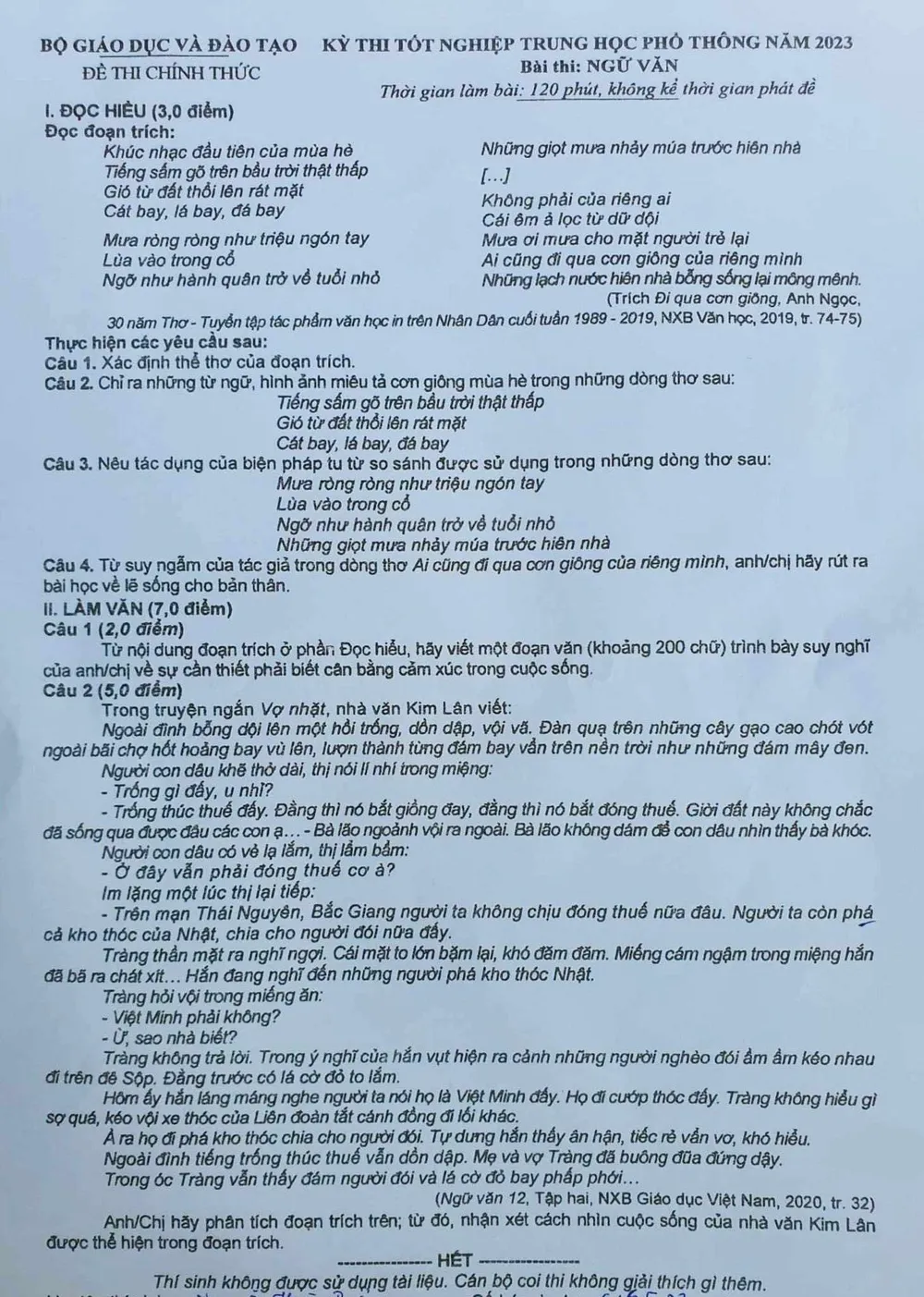 Đề thi văn kỳ thi tốt nghiệp THPT năm 2023. Ảnh: QT