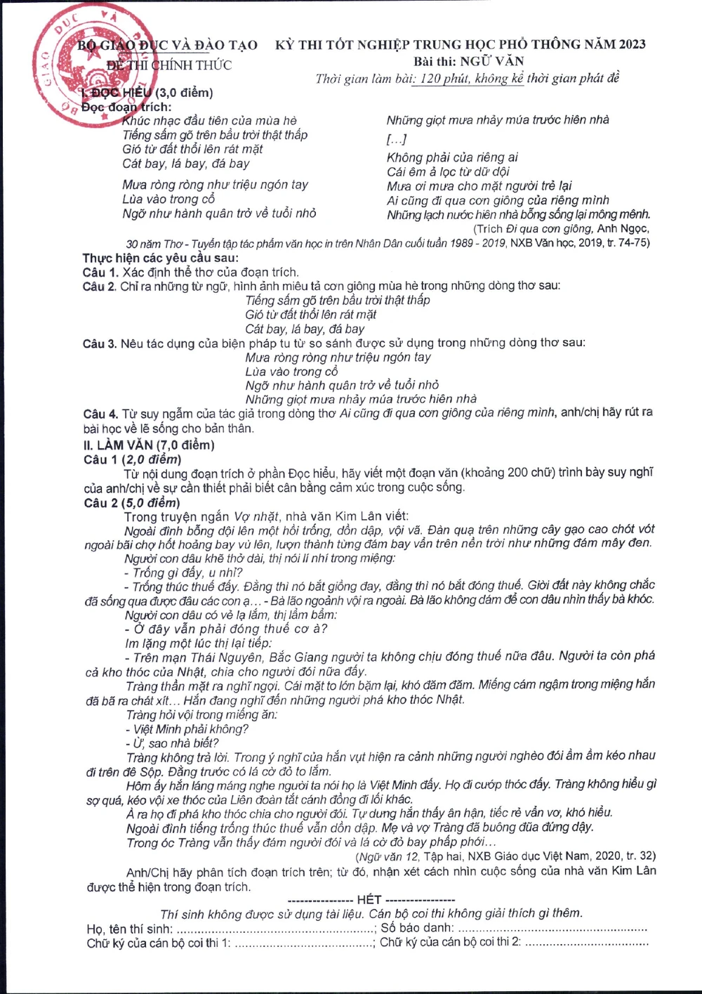 Đề thi môn văn kỳ thi tốt nghiệp THPT 2023