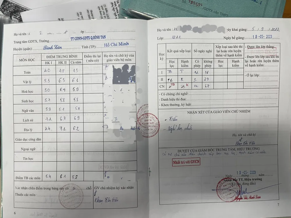 Học bạ của em có dấu mộc ghi rõ dòng chữ không được thi tốt nghiệp. Ảnh: CTV