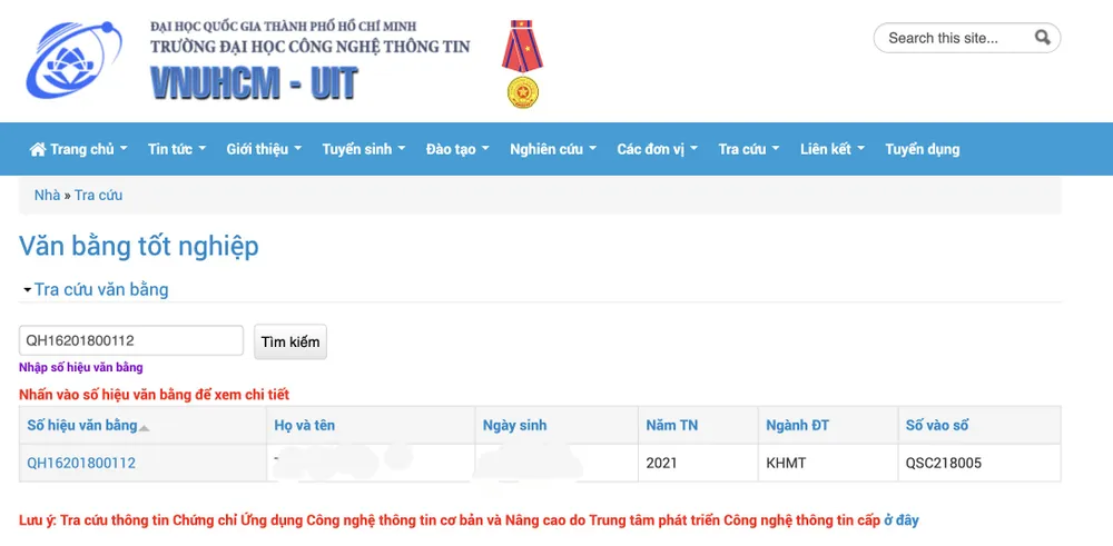 Trang web tra cứu văn bằng chứng chỉ của Trường Đại học Công nghệ Thông tin, Đại học Quốc gia TP.HCM. Ảnh: CHỤP MÀN HÌNH Dùng bằng tiến sĩ giả giảng dạy khắp nơi