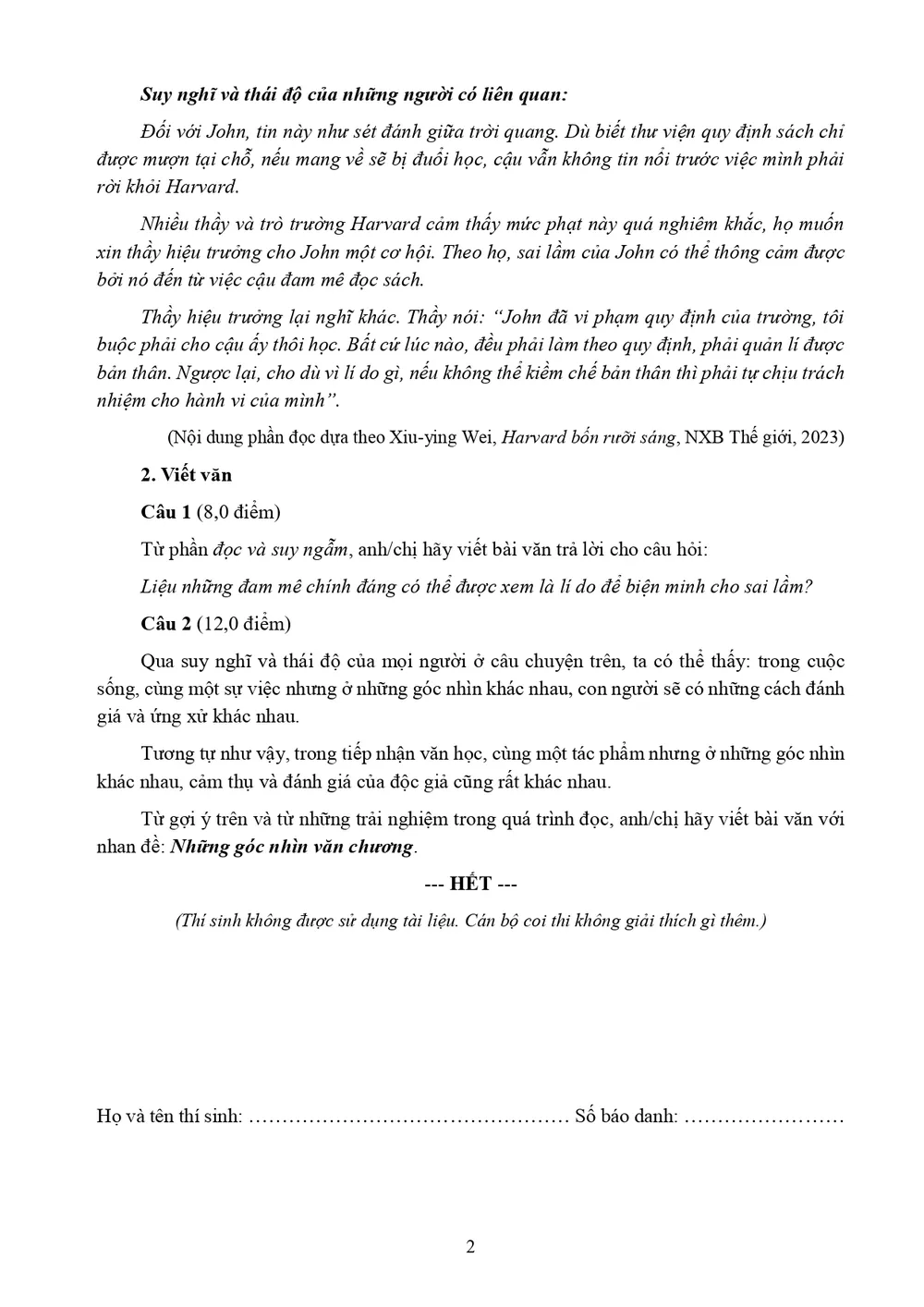 Đề văn học sinh giỏi lớp 12 được khen