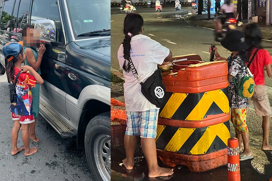Nhóm hai bé gái và ba bé gái trong một lần xin tiền tại ngã tư Nguyễn Hữu Thọ - D15, D4 (thuộc phường Tân Hưng, quận 7). Ảnh minh họa: Quốc Hương người lang thang
