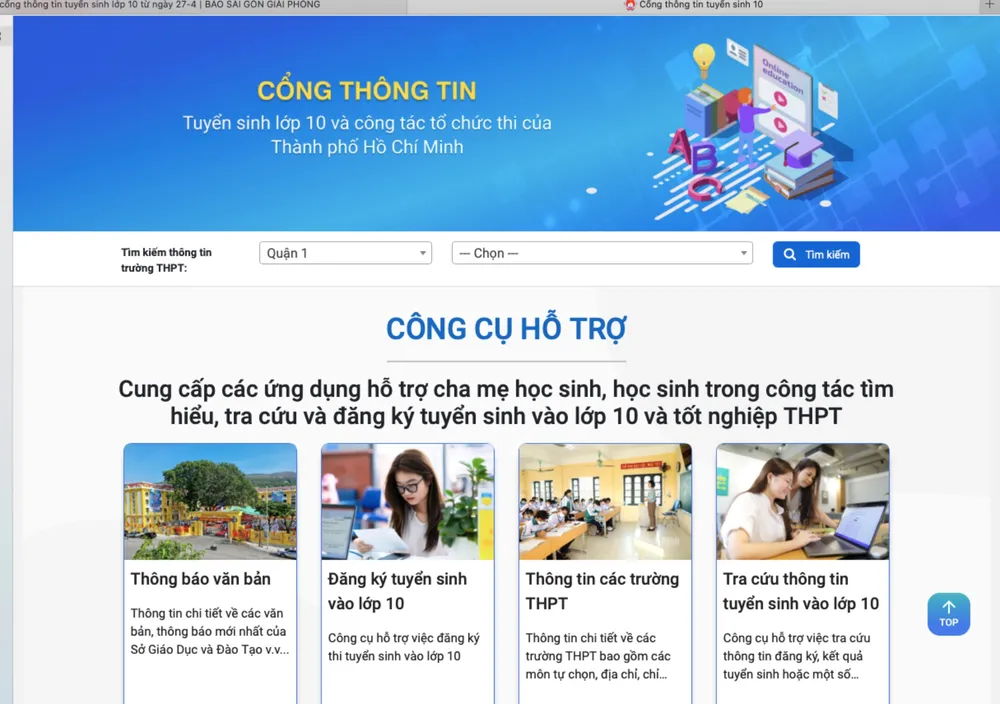Công thông tin tuyển sinh lớp 10 và công tác tổ chức thi của TP.HCM. Ảnh: CHỤP MÀN HÌNH tuyen-sinh-lop-10-1.jpg