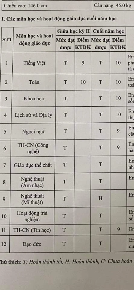 Bảng điểm cuối năm toàn điểm 9,10 nhưng vì chữ "H" nên con bị đánh giá mức hoàn thành. Trong ảnh kết quả học tập cuối năm của học sinh. Ảnh: PHCC con không được giấy khen