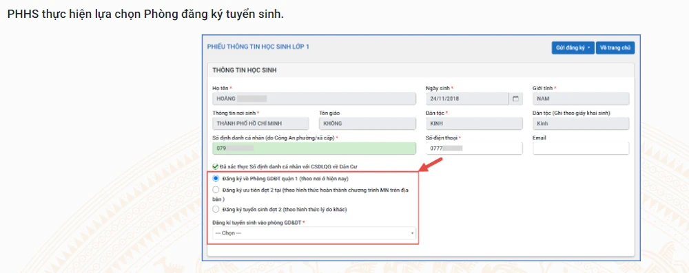 Phụ huynh cân nhắc mục lựa chọn phòng đăng ký tuyển sinh. Ảnh: CHỤP MÀN HÌNH dang-ky-tuyen-sinh-lop-1.png