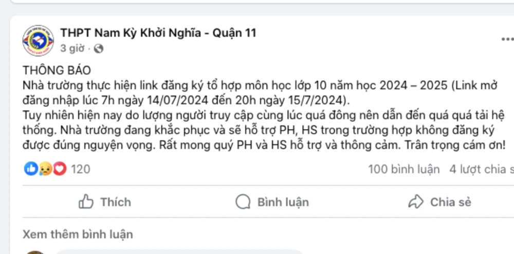 Fanpage Trường THPT Nam Kỳ Khởi Nghĩa thông tin về sự cố xảy ra trong quá trình đăng ký tổ hợp môn lớp 10 bằng hình thức trực tuyến. Ảnh: CHỤP MÀN HÌNH tổ hợp môn lớp 10