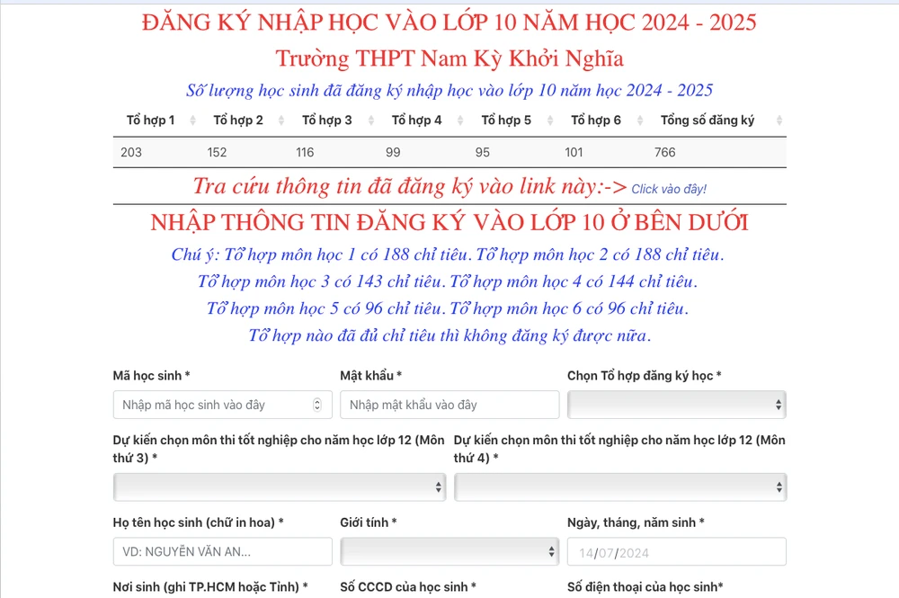 Sau gần 3 tiếng chờ đợi, phụ huynh và học sinh mới có thể truy cập vào đường link để đăng ký tổ hợp môn lớp 10. Ảnh: CHỤP MÀN HÌNH to-hop-mon-lop-10-2.jpg