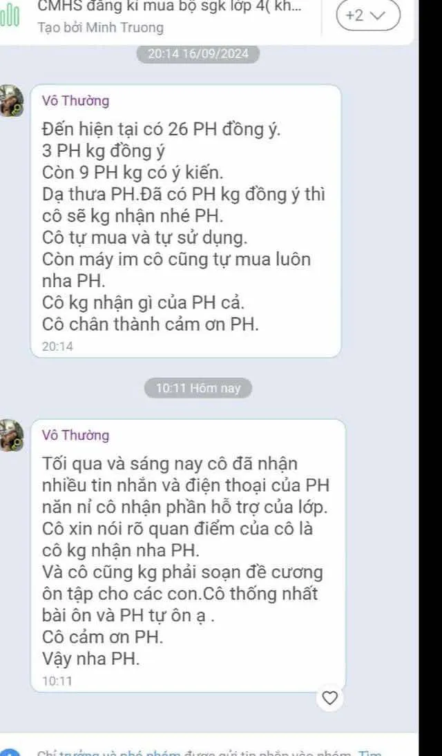 Tin nhắn cô giáo Trường Tiểu học Chương Dương, quận 1 nhắn cho phụ huynh. Ảnh: CHỤP MÀN HÌNH xin tiền hỗ trợ mua máy tính cá nhân