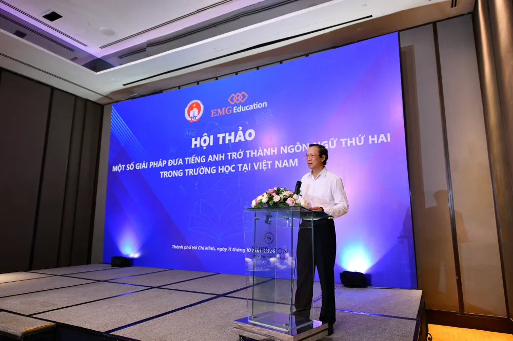 Thứ trưởng Bộ GD&ĐT Phạm Ngọc Thưởng phát biểu tại hội thảo. Ảnh: SỞ GD&ĐT tiếng Anh trở thành ngôn ngữ thứ hai trong trường học