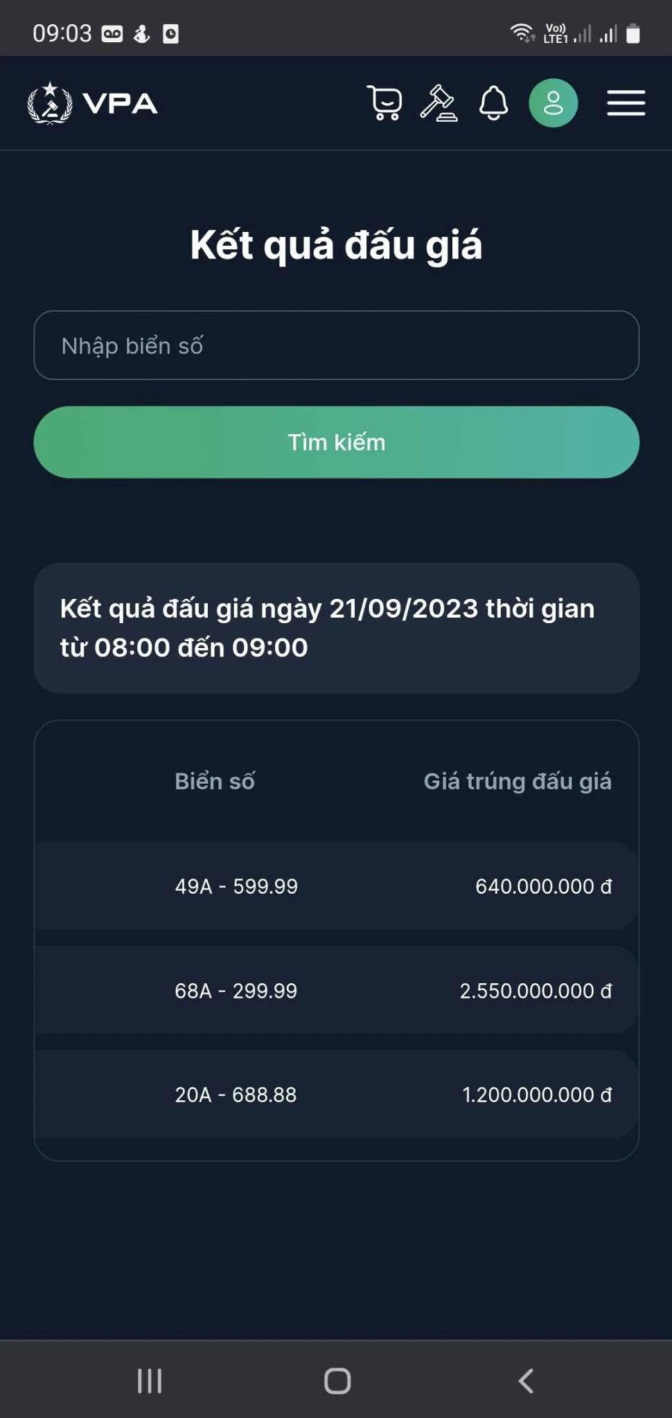 3 biển số xe đã được đấu giá trong sáng ngày 21-9 với khung giờ từ 8-9 giờ. Ảnh: TN ket-qua-dau-gia-bsx