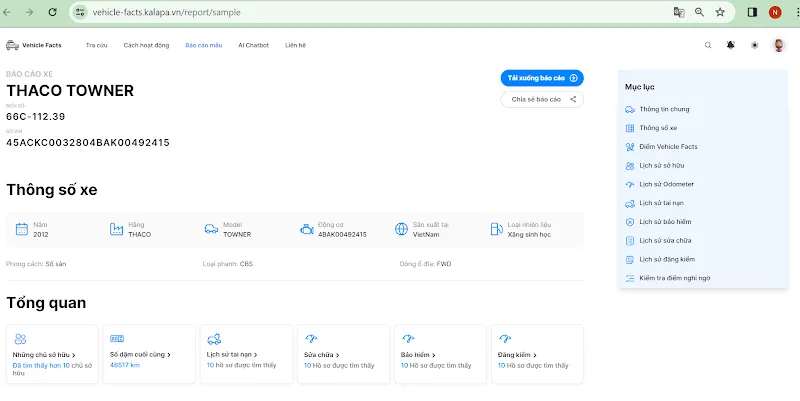 THình ảnh giả định - một mẫu báo cáo khi truy vấn thông tin về một chiếc xe ô tô đã qua sử dụng trên Vehicle Facts. Ảnh: VF