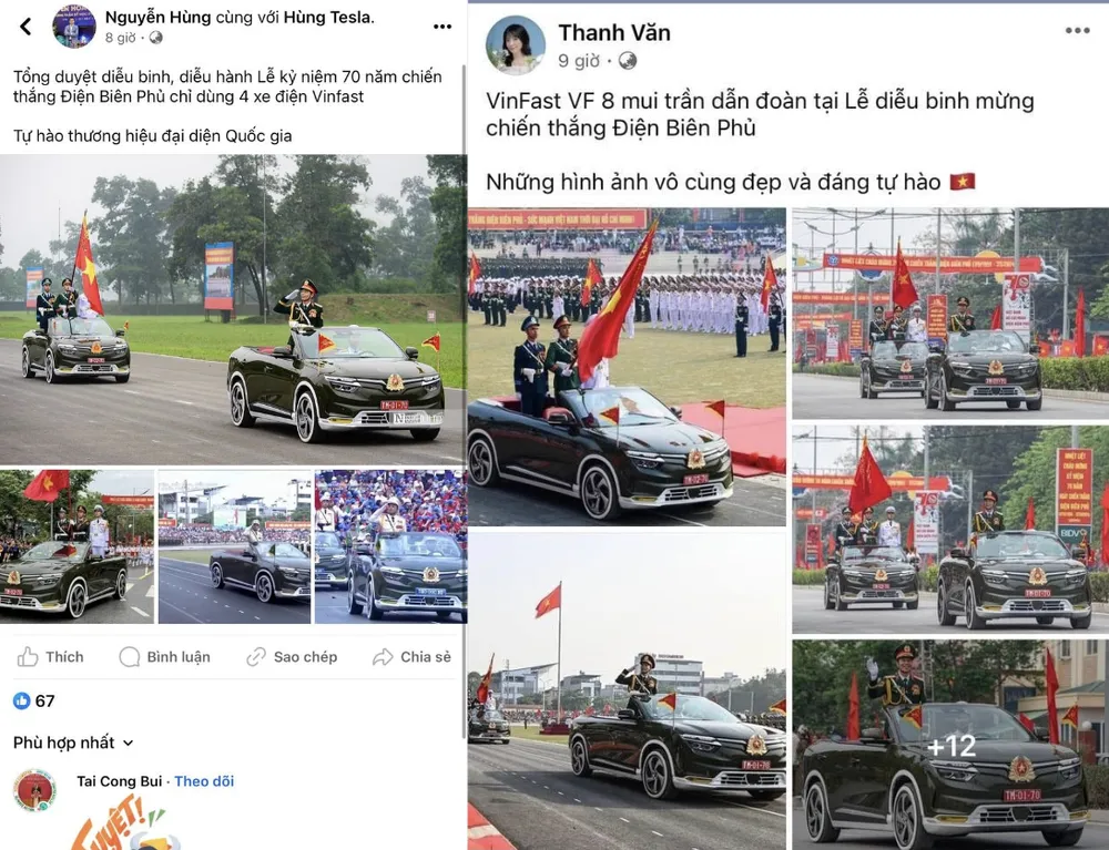 Với rất nhiều người, xe điện VinFast tại Lễ diễu binh, diễu hành Kỷ niệm 70 năm chiến thắng Điện Biên Phủ là hình ảnh rất đẹp và đáng tự hào. Ảnh chụp Màn hình 2024-05-08 lúc 12.40.11.png