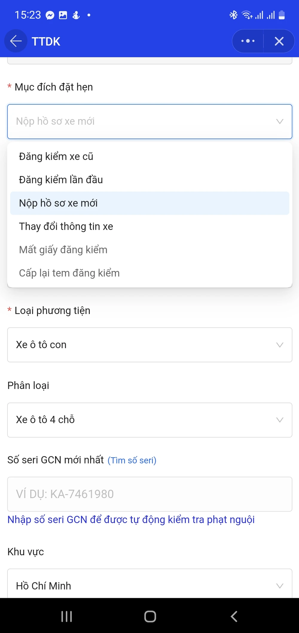 Nộp hồ sơ xe mới cũng có thể đặt lịch trước qua zalo. (Ảnh chụp màn hình: TN) app-dang-kiem.jpg