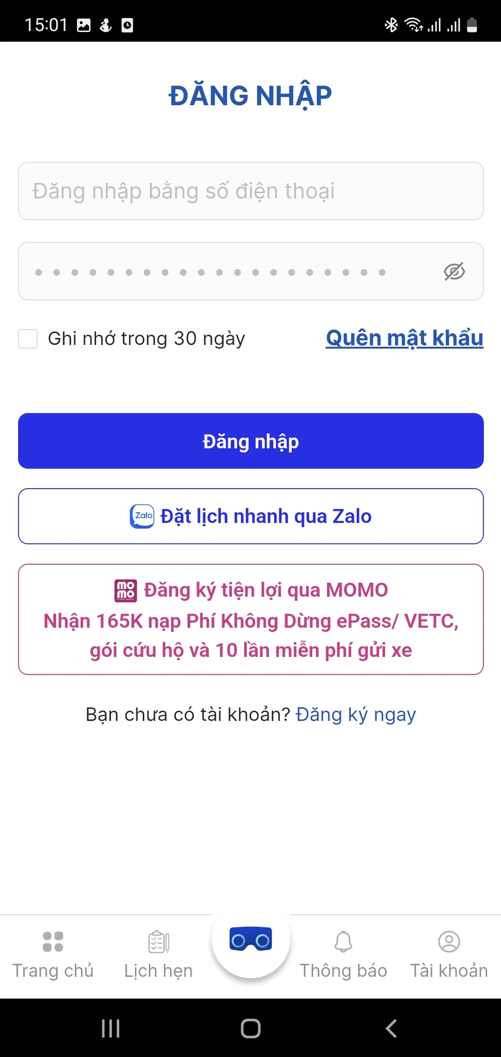 Chủ xe có thể chọn đặt lịch qua zalo nếu quên mật khẩu app TTDK. (Ảnh chụp màn hình: TN) đăng kiểm