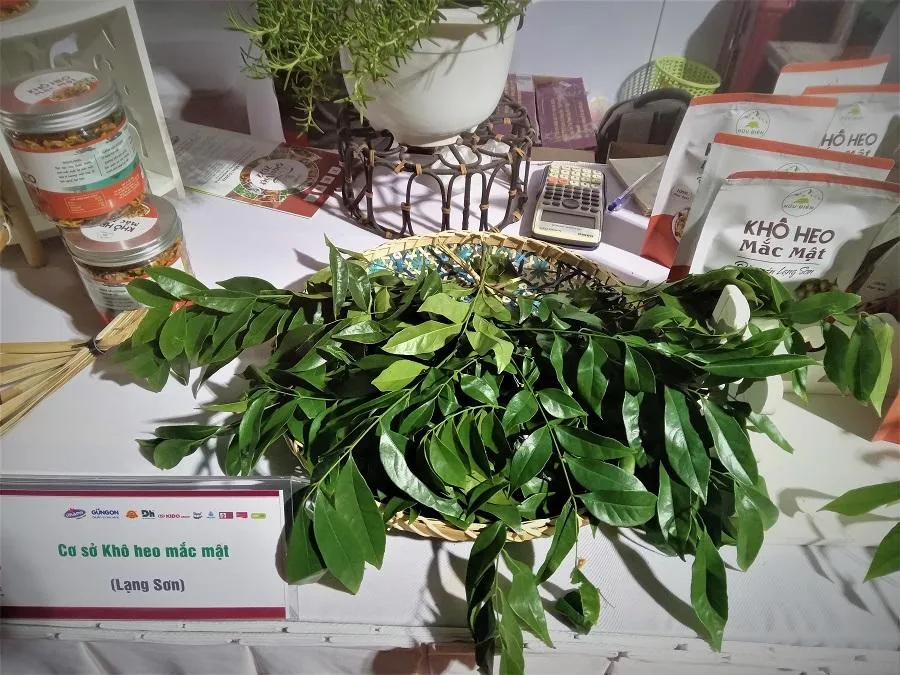 Gian hàng này bán khô heo mắc mật và giới thiệu lá mắc mật. ẢNH: TÚ UYÊN