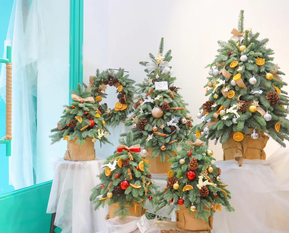 Cành thông tươi nhập khẩu Đan Mạch được kết thành các cây với đa dạng mẫu mã. Ảnh: TU.