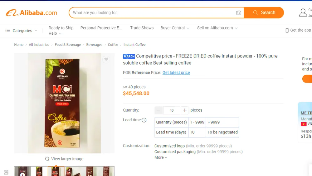 Một thương hiệu cà phê Việt Nam bán trên sàn thương mại điện tử Alibaba.