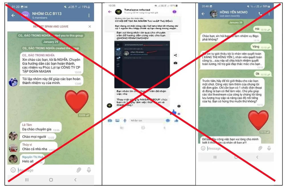 Đoạn chat của các đối tượng lừa đảo với các bị hại Đoạn chat của các đối tượng lừa đảo với các bị hại