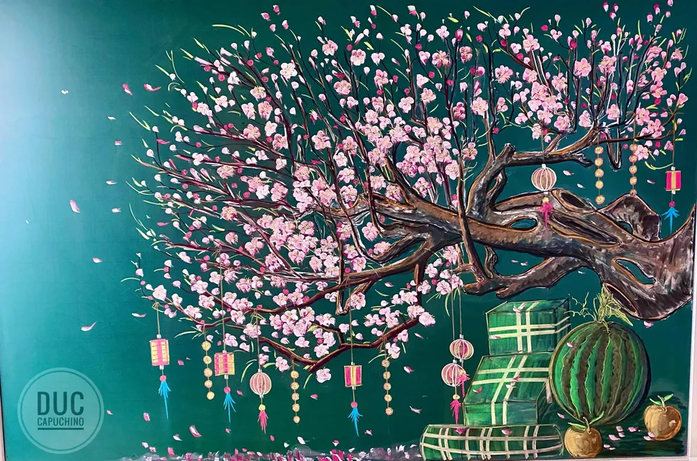 Tác phẩm "Đón xuân, hoa Đào ngày Tết". Tác phẩm "Đón xuân, hoa Đào ngày Tết".