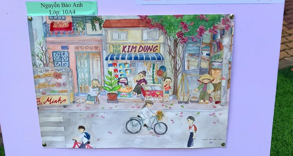 Bức tranh đoạt giải nhất cuộc thi của em Nguyễn Bảo Anh học sinh lớp 10A4 vẽ Thành phố tôi yêu. Ảnh: T.N triển lãm tranh sắc màu trường nguyễn du