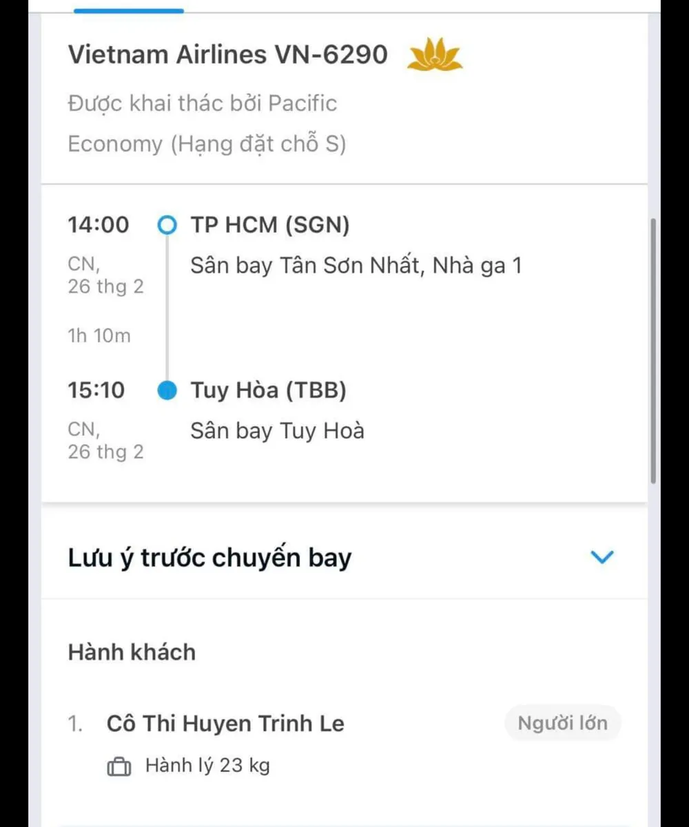 Vé máy bay của chị Trinh mua nhưng không được lên máy bay do đã hết ghế. Ảnh: TS Vé máy bay của chị Trinh mua nhưng không được lên máy bay do đã hết ghế. Ảnh: TS