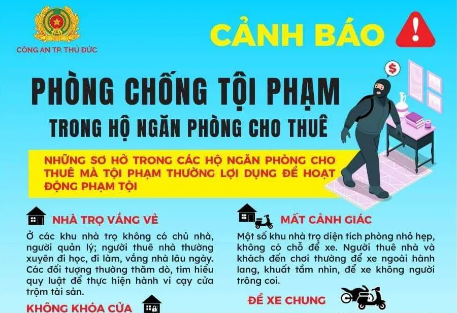 Công an TP Thủ Đức phát đi thông báo cảnh báo về tội phạm trong hộ ngăn phòng cho thuê Cảnh báo tội phạm trong căn hộ ngăn phòng cho thuê