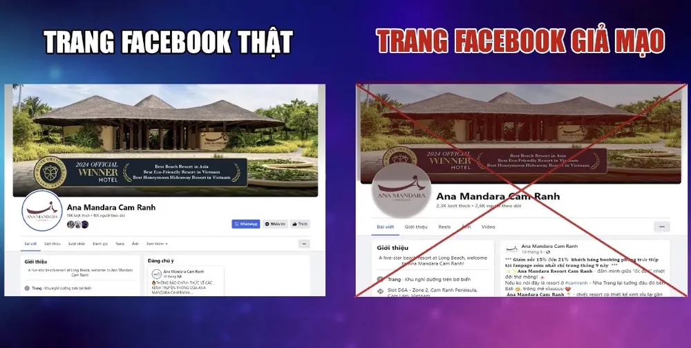 Trang giả mạo (phải) gần giống trang thật của khách sạn Ana Mandara Cam Ranh. Ảnh chụp màn hình. anh-1-9173.jpg