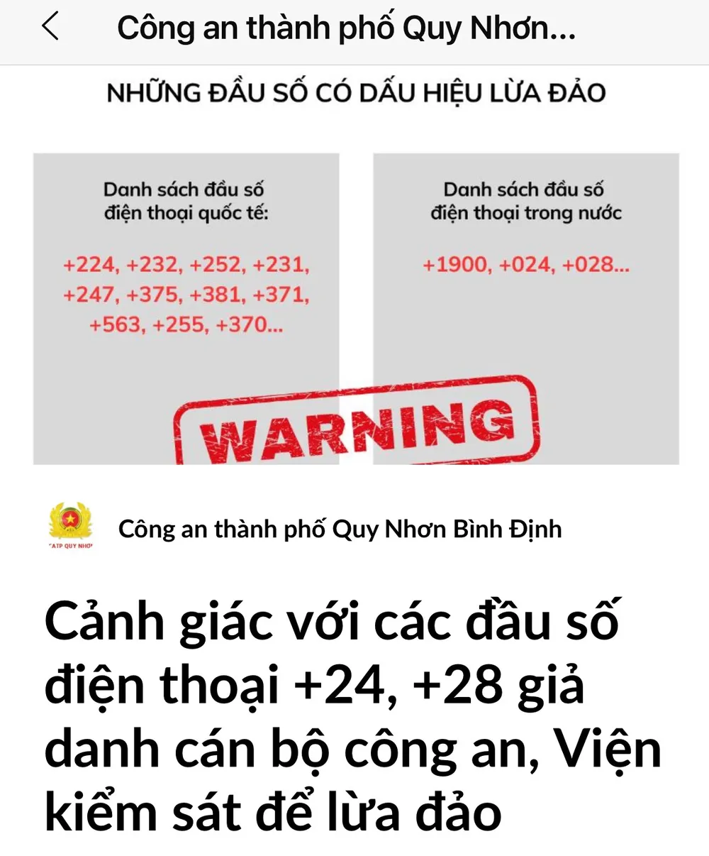 Công an TP Quy Nhơn phát thông báo cảnh báo các đầu số điện thoại lừa đảo. Ảnh:TD 12.jpg