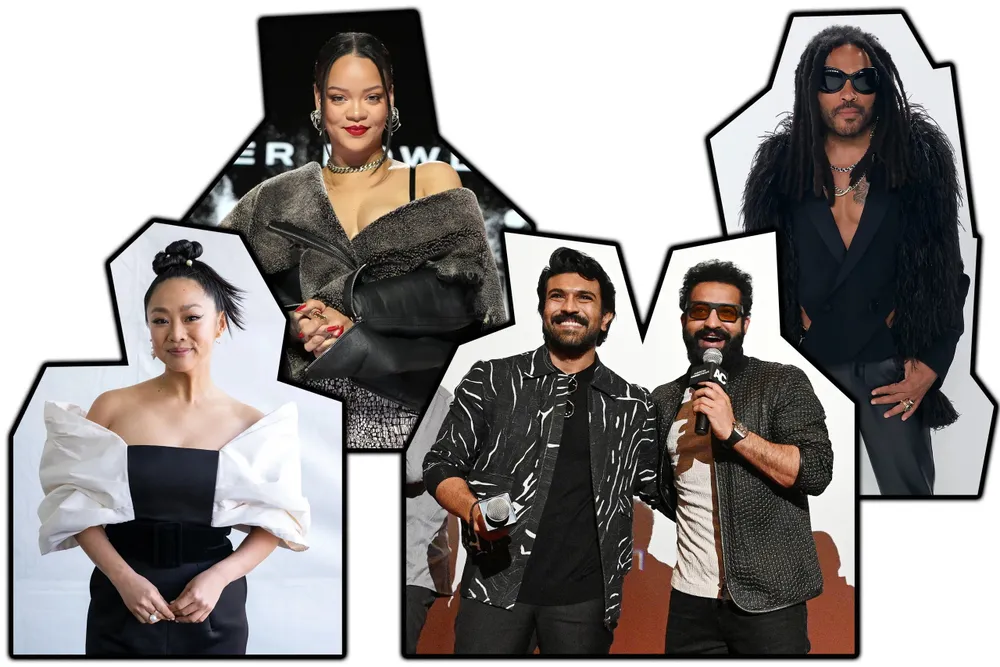 (Trái sang phải) Diễn viên Stephanie Hsu, ca sĩ Rihanna, diễn viên Ram Charan, diễn viên N. T. Rama Rao Jr. và ca sĩ Lenny Kravitz - những người có thể sẽ biểu diễn tại sân khấu lễ trao giải Oscar 2023.