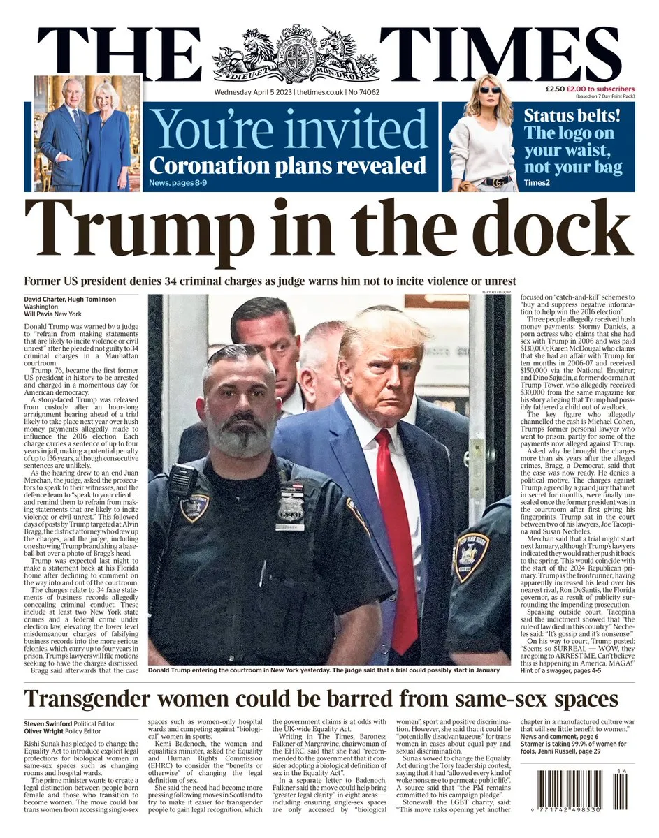 Trang nhất tờ The Times (Anh) ngày 5-4. Ảnh: TWITTER