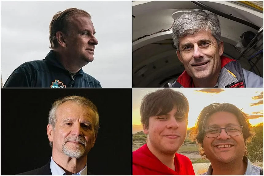 Năm người có mặt trên tàu lặn Titan (theo chiều kim đồng hồ từ trên cùng bên trái): Tỉ phú người Anh Hamish Harding, người sáng lập OceanGate - ông Stockton Rush, doanh nhân người Pakistan - ông Shahzada Dawood cùng con trai Suleman Dawood, chuyên gia người Pháp về tàu Titanic - ông Paul-Henri Nargeolet. Ảnh: AFP