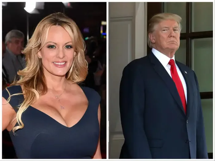 Cựu Tổng thống Mỹ Donald Trump (phải) và nữ diễn viên phim khiêu dâm Stormy Daniels. Ảnh: GETTY IMAGES Cựu Tổng thống Mỹ Donald Trump (phải) và nữ diễn viên phim khiêu dâm Stormy Daniels. Ảnh: GETTY IMAGES
