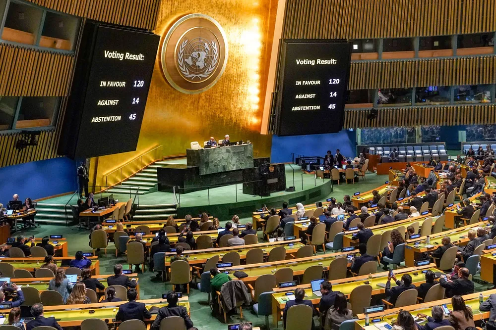 Phiên họp của Đại hội đồng Liên Hợp Quốc về xung đột Israel-Hamas tại trụ sở LHQ ở TP New York (Mỹ) ngày 27-10. Ảnh: AP israel-9649-1757.jpg