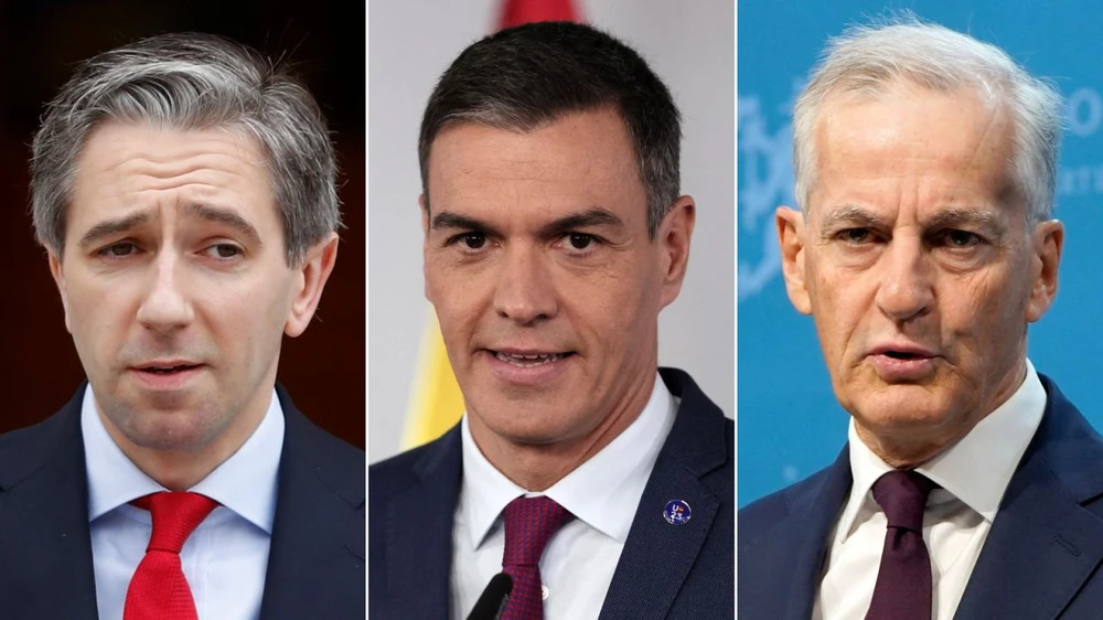(Từ trái sang) Thủ tướng Na Uy Jonas Gahr Store, Thủ tướng Tây Ban Nha Pedro Sanchez và Thủ tướng Ireland Simon Harris. Ảnh: CNN Tây Ban Nha, Na Uy và Ireland hướng tới công nhận nhà nước Palestine, Israel triệu hồi đại sứ