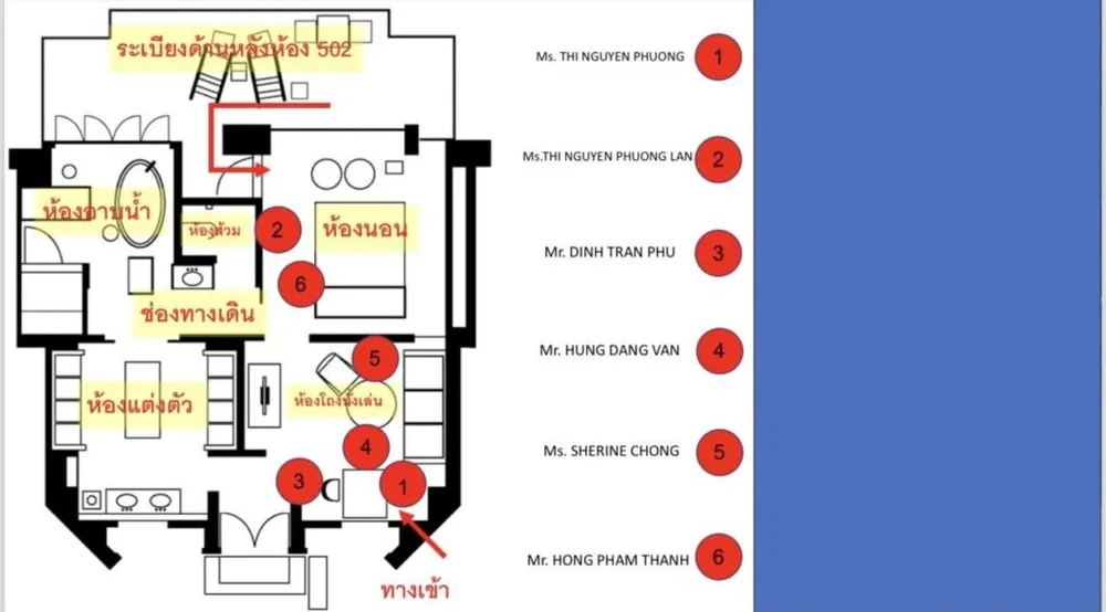 Vị trí phát hiện xác các nạn nhân trong phòng 502, khách sạn Grand Hyatt Erawan, thủ đô Bangkok (Thái Lan). Ảnh: MATICHON Vụ nhóm người Việt tử vong ở Bangkok-5.jpg