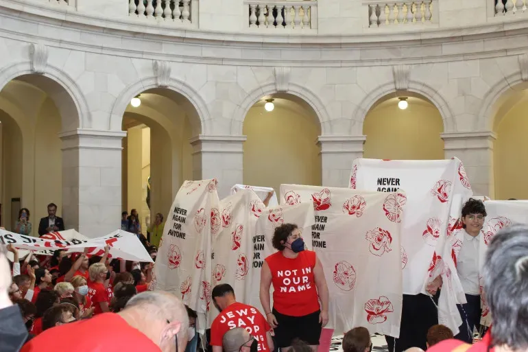 Người biểu tình tràn vào quốc hội Mỹ ở thủ đô Washington, DC (Mỹ) hôm 23-7 để phản đối Thủ tướng Israel Benjamin Netanyahu sang thăm. Ảnh: AL JAZEERA Người biểu tình tràn vào quốc hội Mỹ.jpg