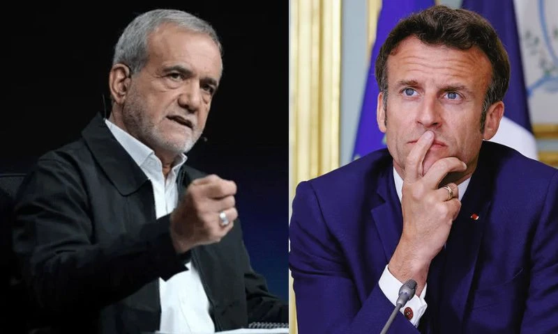 Tổng thống Pháp Emmanuel Macron (phải) và Tổng thống Iran Massoud Pezeshkian. Ảnh: WE NEWS ENGLISH Tổng thống Pháp điện đàm tổng thống Iran, đề cập xung đột Nga-Ukraine, căng thẳng Hezbollah-Israel