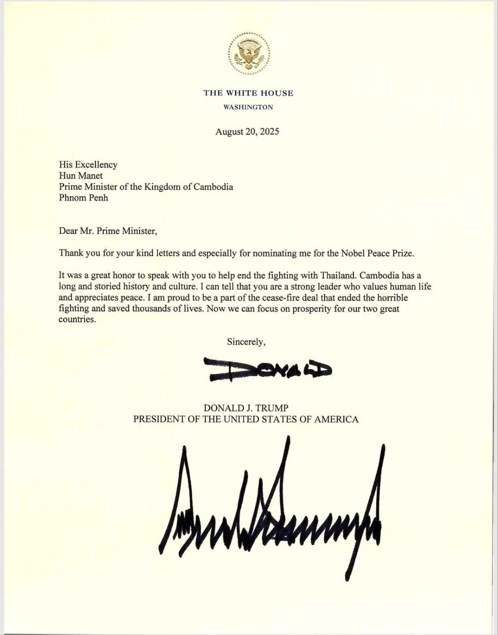Ông Trump gửi thư cảm ơn ông Hun Manet vì đã đề cử ông cho Nobel Hòa Bình