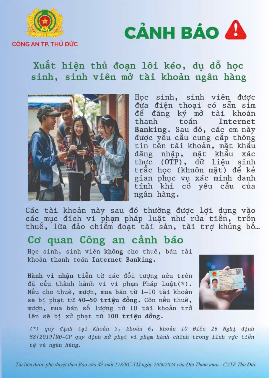 Công an TP Thủ Đức phát thông báo cảnh báo đến các trường học về thủ đoạn lôi kéo học sinh, sinh viên mở tài khoản ngân hàng online. lôi kéo học sinh mở tài khoản.jpg