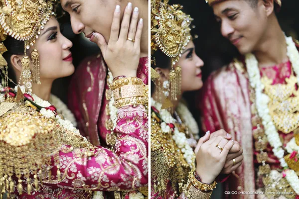 Indonesia là quốc gia nhỏ nhưng có hơn 300 sắc tộc và sáu vùng lãnh thổ. Đám cưới của người Indonesia mang đậm sắc màu văn hóa truyền thống. Trong thời gian diễn ra hôn lễ, cả chú rể và cô dâu thường đội vương miện vàng trên đầu. trang-phuc-cuoi-truyen-thong-ruc-ro-cua-co-dau-khap-chau-a-3