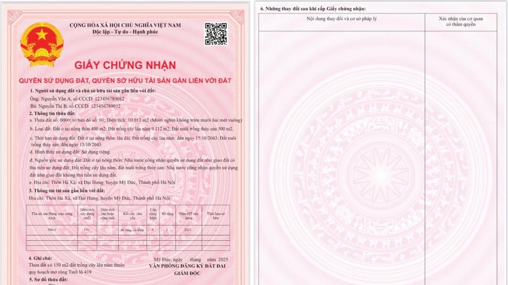 Mẫu sổ hồng mới được Bộ TNMT đề xuất. Ảnh: Bộ TNMT Mẫu sổ hồng mới được đề xuất