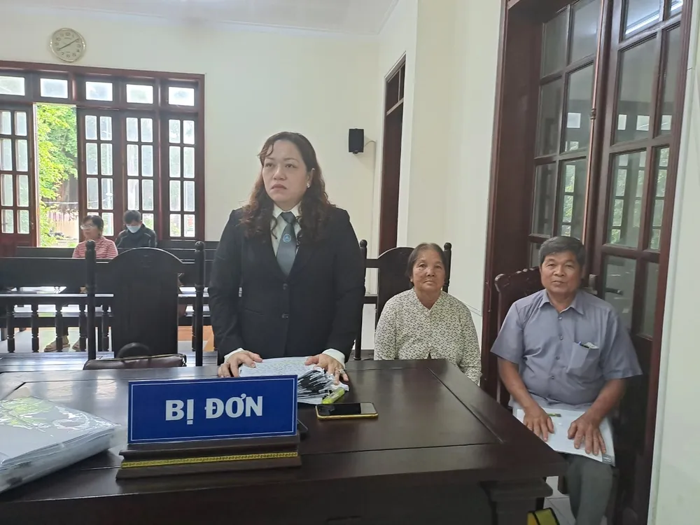 Luật sư Nguyễn Thị Hồng Thắm, bảo vệ cho bị đơn, phát biểu tại phiên tòa phúc thẩm. Ảnh: ĐÔNG HÀ tranh-chap-dat.jpg