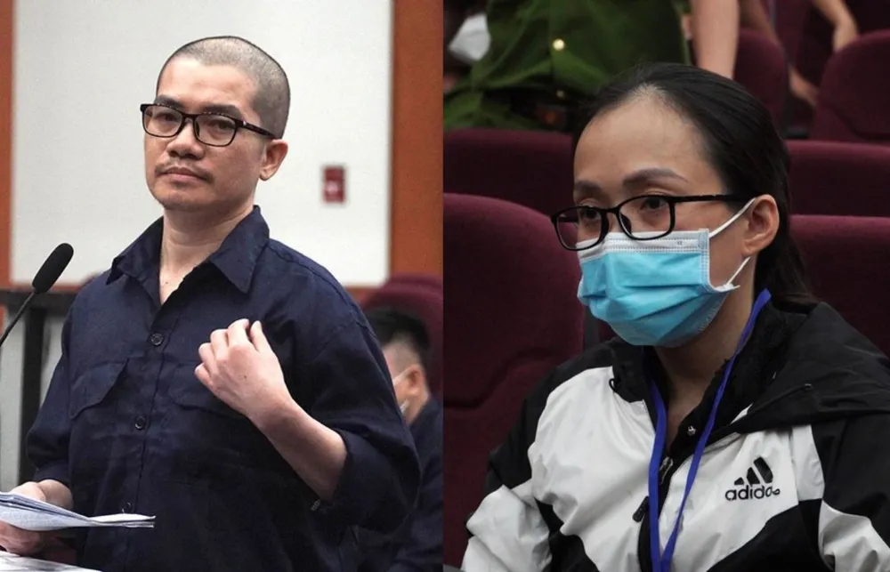 Bị cáo Nguyễn Thái Luyện và Võ Thị Thanh Mai tại phiên tòa phúc thẩm hồi tháng 5-2023. Ảnh: HỮU ĐĂNG