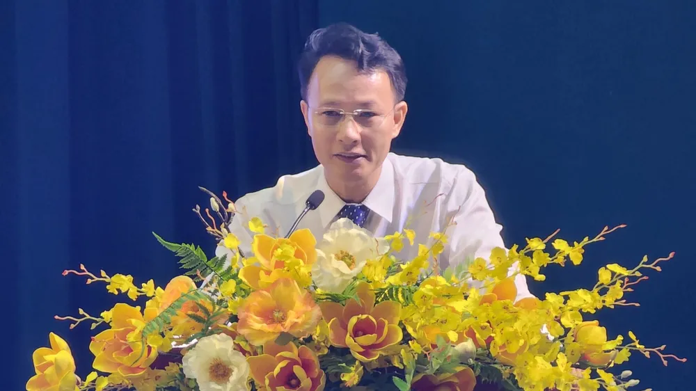 PGS.TS Ngô Hữu Phước phát biểu khi nhận nhiệm vụ mới. Ảnh: HP